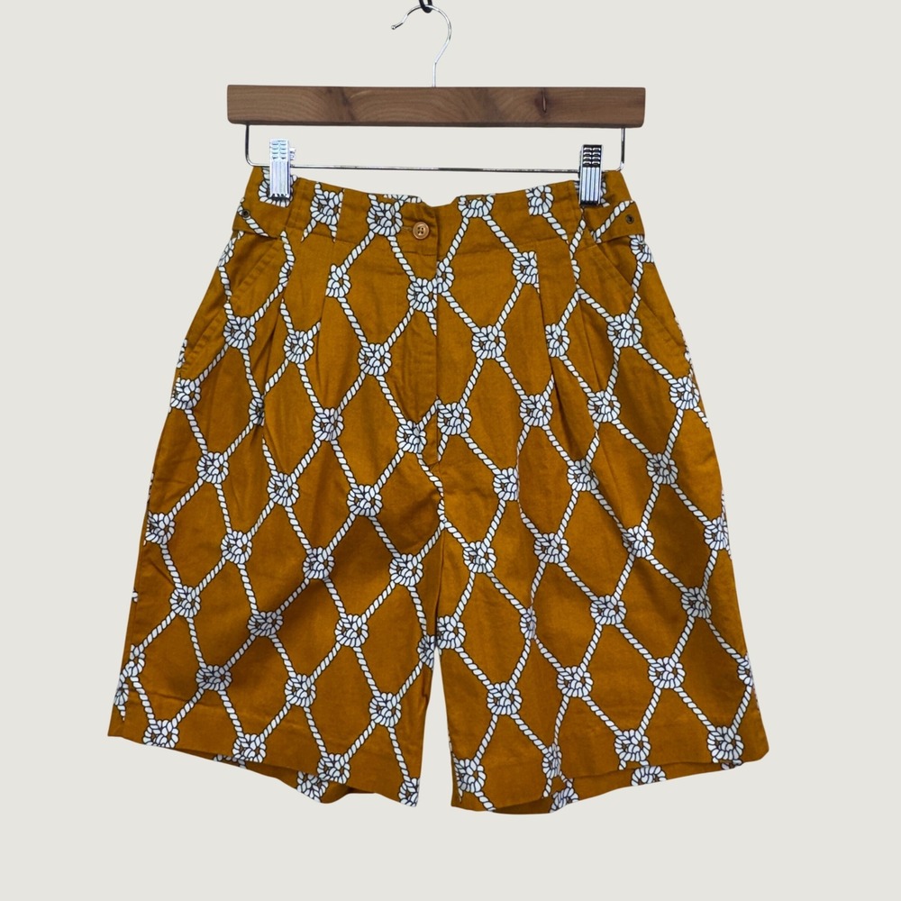 Izod Club Shorts 4 Mustard Yellow Nautical Rope Print Vintage 90 Pleated Preppy